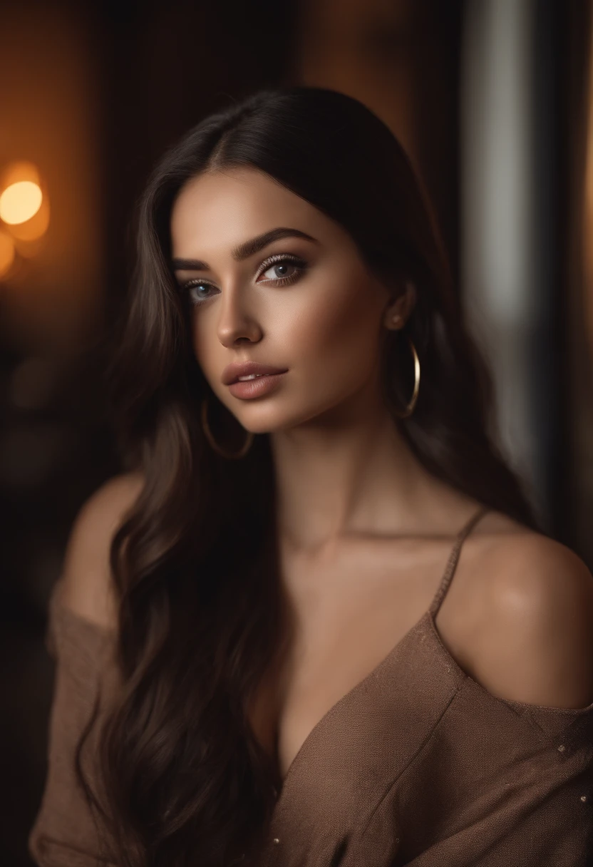 arafed woman with sexy clothes, sexy girl with brown eyes, portrait sophie mudd, black hair and large eyes, selfie of a young woman, bedroom eyes, violet myers, without makeup, natural makeup, looking directly at the camera, face with artgram, subtle makeup, stunning full body shot, in a club , cleavage