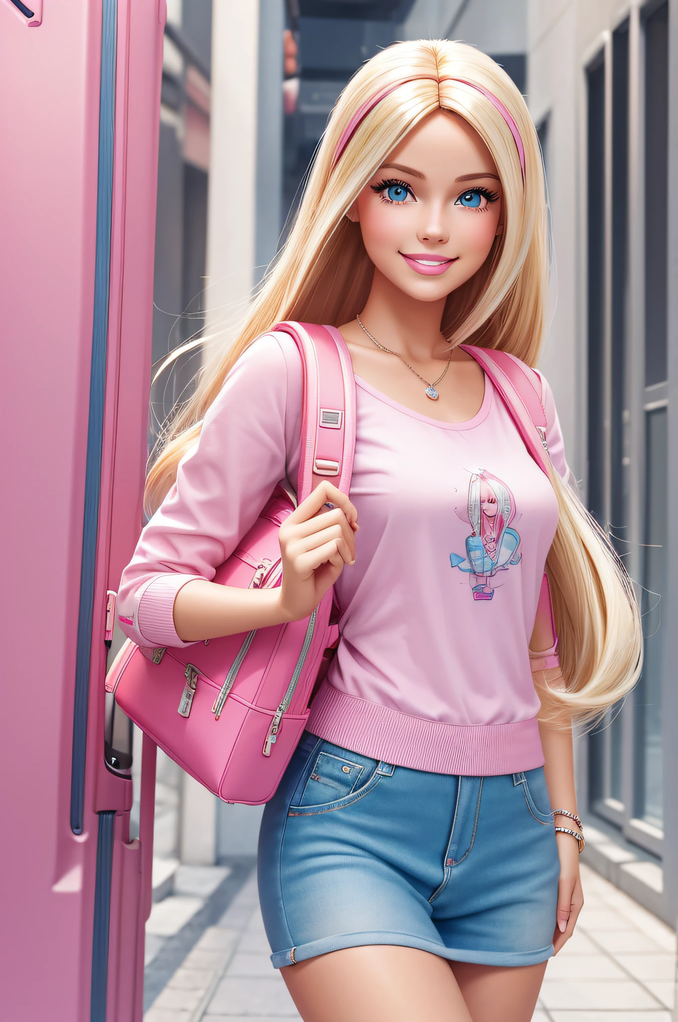 digital illustration, a young happy woman, with light blonde hair, barbie style, with backpack and suitcase, pink, fashionable clothes, light blue eyes, smiling, full body. Barbie style, details in clothes. angelic beauty.
​See details