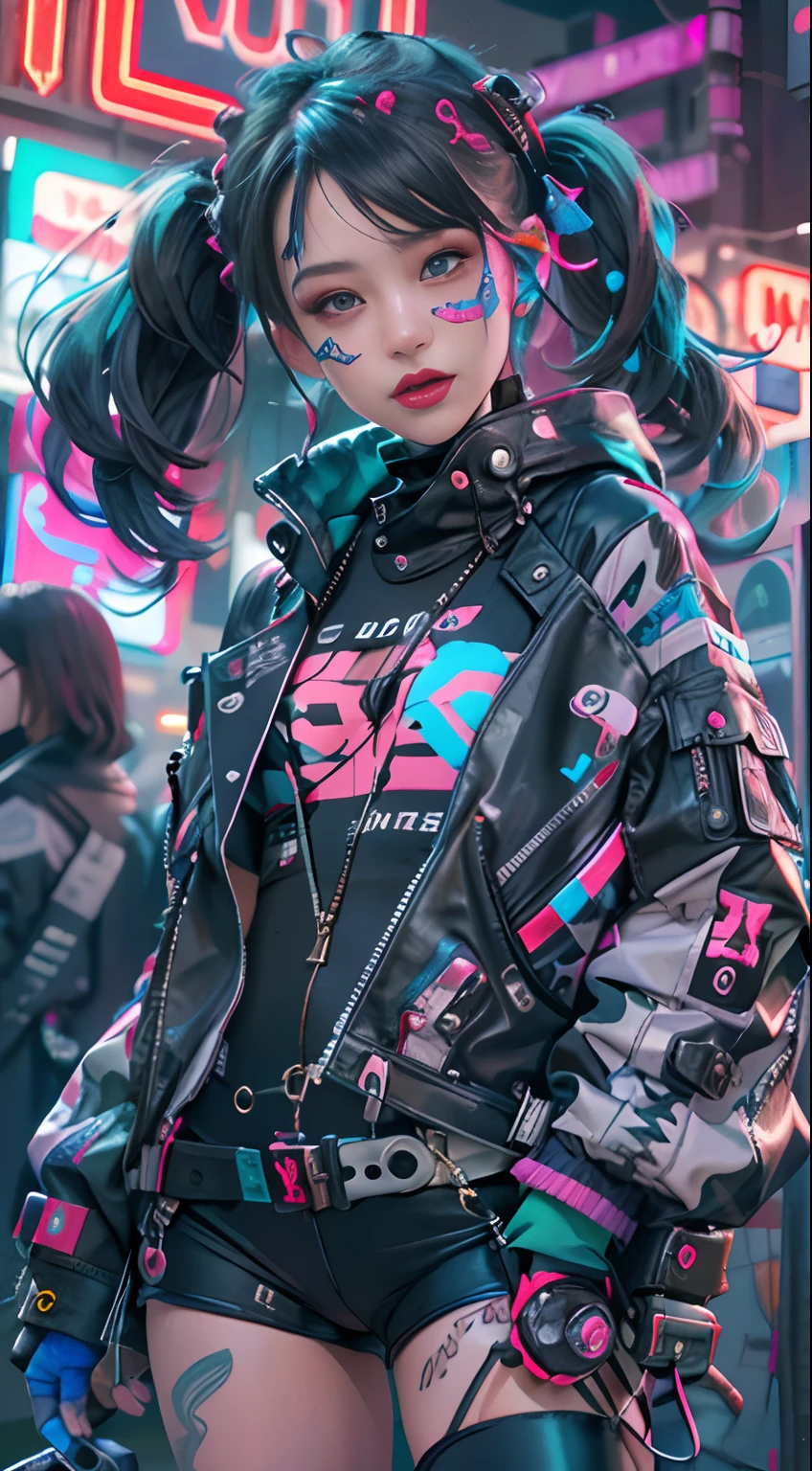 masterpiece, best quality, 2 confident cyberpunk girls, Harajuku-inspired cyberpunk outfit, bold colors and patterns, eye-catching accessories, trendy and innovative hairstyle, vibrant makeup, Cyberpunk dazzling cityscape, skyscrapers, neon signs, LED lights, bright and vivid color scheme, anime, illustration, detailed skin texture, detailed cloth texture, beautiful detailed face, intricate details, ultra detailed.