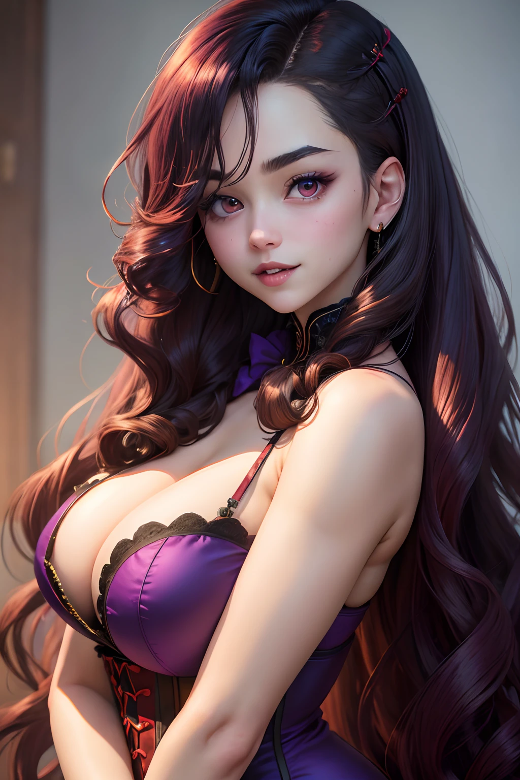 anime, vampire, girl, long hair, fluffy loose curly hair, dark hair color, stylish hairstyle, symmetrical hair, hair does not cover face, curvy body, sexy girl, purple eyes, beautiful girl, sensual vampress dress with corset, sexy face, youthful face, seductive smile, amused facial expressions, clarity, detailed, detailed face, very detailed drawing, perfect composition, soft natural volumetric cinematic perfect light, masterpiece