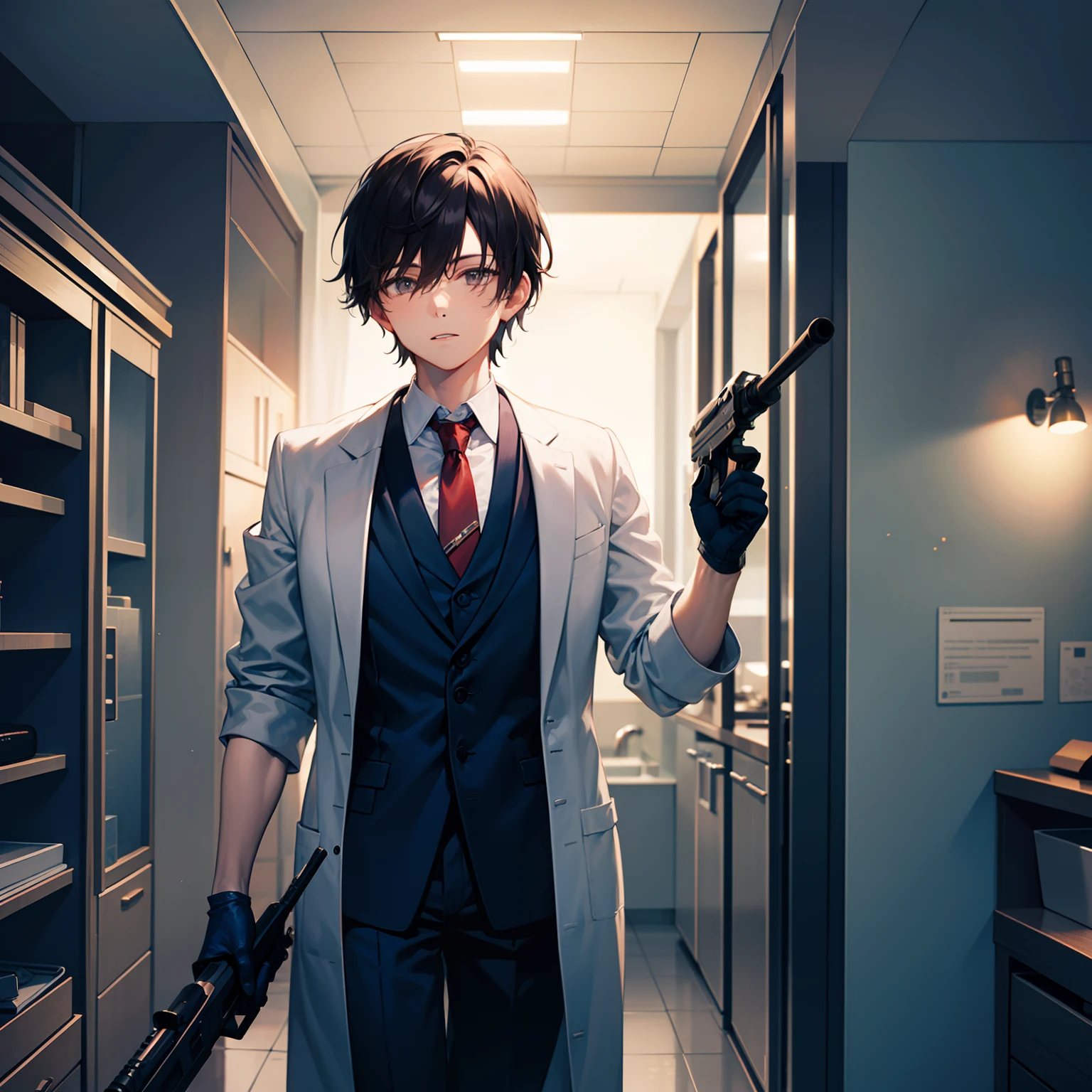 1male people, Wear goggles, Short hair, wearing a white lab coat, Red tie, Blue gloves, With gray eyes, sci fi background, 4K, Indoors, Masterpiece, cinmatic lighting, Holding a rifle