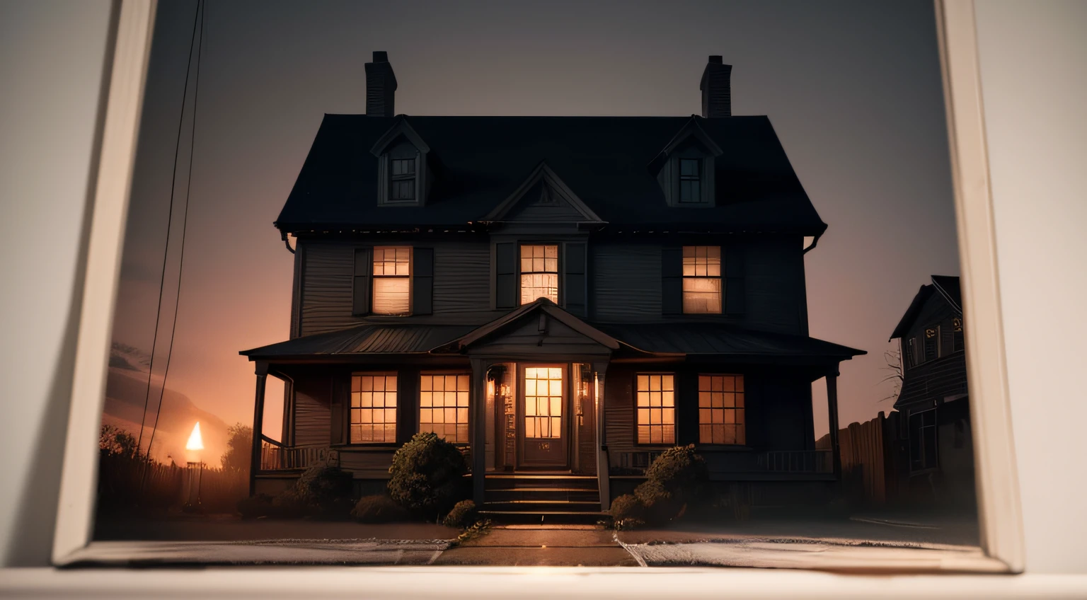 Create an image of the Amityville House at twilight, its iconic quarter-moon windows casting an eerie glow. In the foreground, incorporate elements like an old, weathered journal with chilling scribbles, a flickering candle, and a vintage photograph of the house in its ominous state. Overlay ghostly, semi-transparent figures at the windows, hinting at paranormal activity. Add subtle, shadowy apparitions throughout the image. Include an invitation to explore the spine-chilling history and evidence in the video, enticing viewers to join the journey into the heart of this infamous haunted house.
