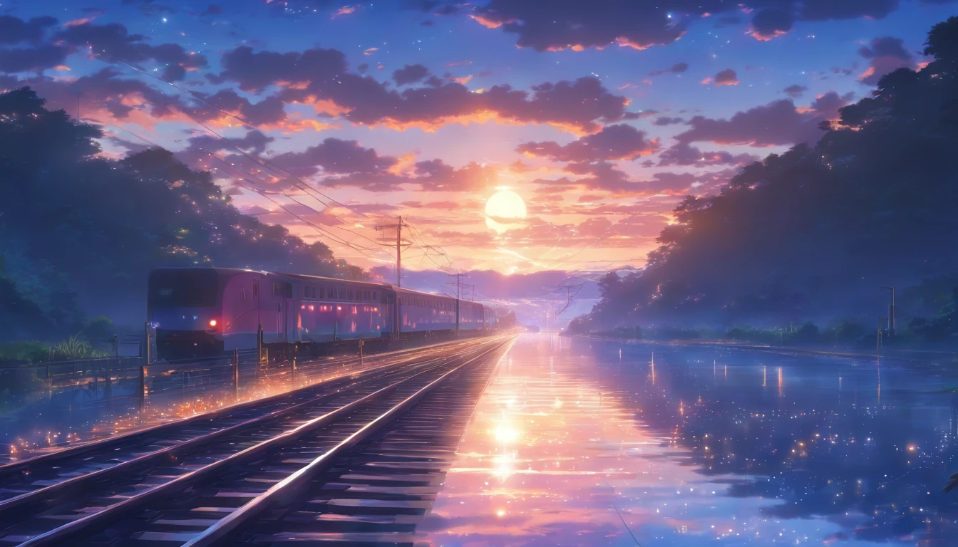 Masterpiece, Anime train passing through bodies of water on tracks, Bright starry sky. Romantic train, Makoto Shinkai's picture, Pisif, concept-art, Lofi art style, Reflection. By Makoto Shinkai, Lofi art, beautiful anime scenes, Anime landscape, Detailed scenery —width 672, in the style of makoto shinkai, Makoto Shinkai's style, Enhanced detail.