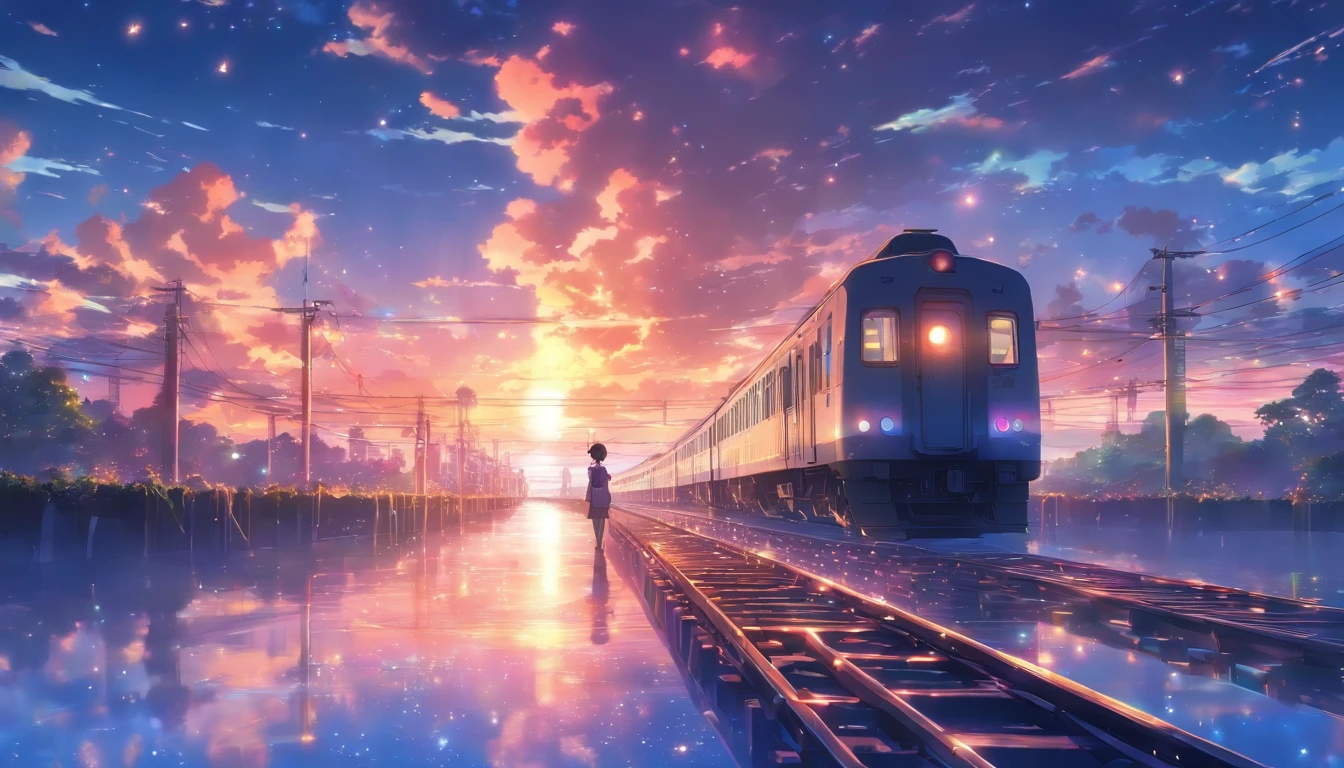 Masterpiece, Anime train passing through bodies of water on tracks, Bright starry sky. Romantic train, Makoto Shinkai's picture, Pisif, concept-art, Lofi art style, Reflection. By Makoto Shinkai, Lofi art, beautiful anime scenes, Anime landscape, Detailed scenery —width 672, in the style of makoto shinkai, Makoto Shinkai's style, Enhanced detail.