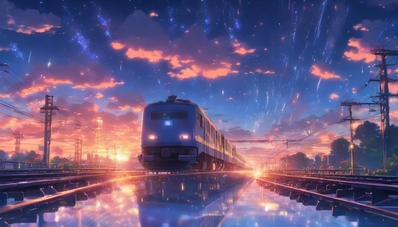 Masterpiece, Anime train passing through bodies of water on tracks, Bright starry sky. Romantic train, Makoto Shinkai's picture, Pisif, concept-art, Lofi art style, Reflection. By Makoto Shinkai, Lofi art, beautiful anime scenes, Anime landscape, Detailed scenery —width 672, in the style of makoto shinkai, Makoto Shinkai's style, Enhanced detail.