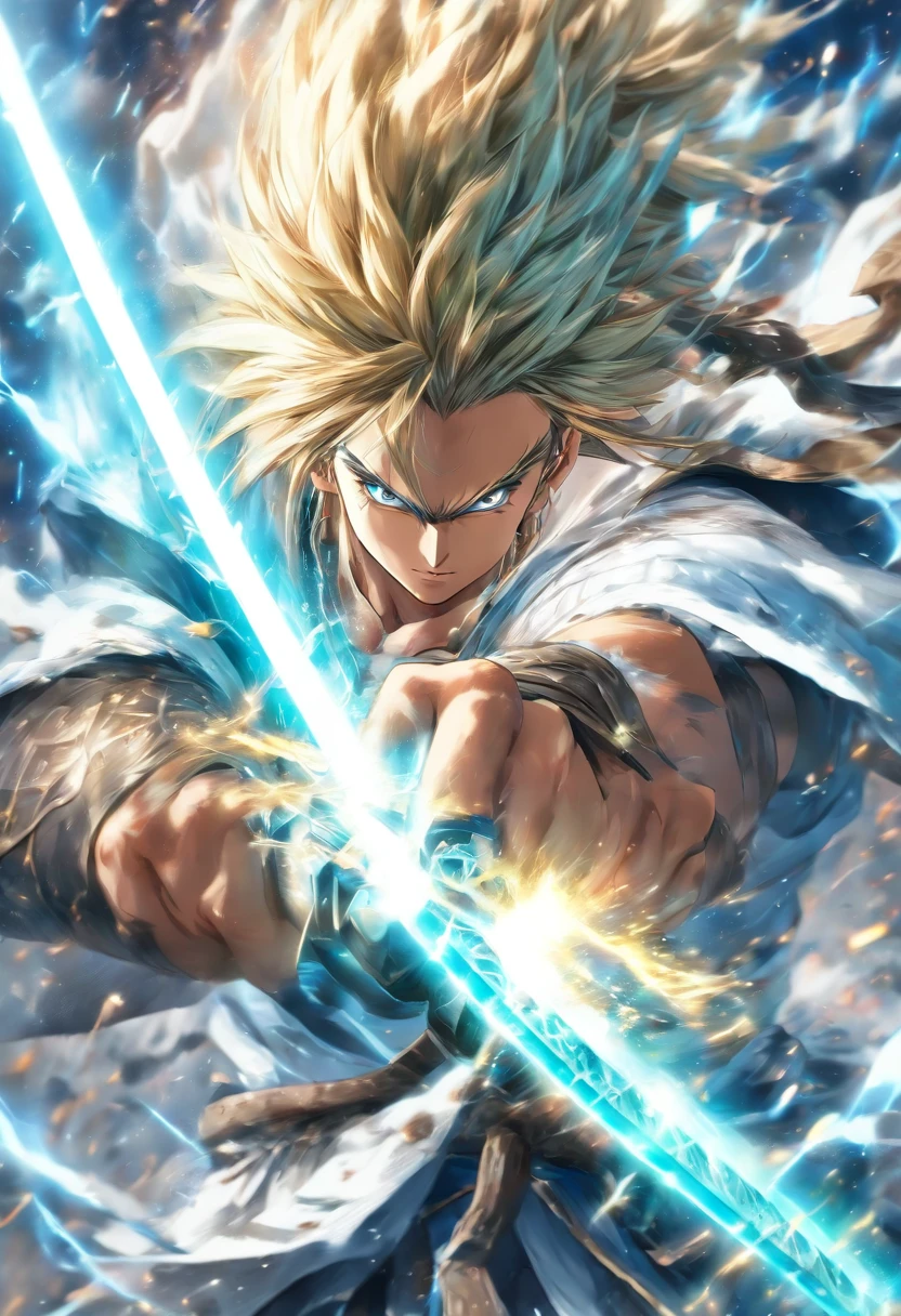 (best quality,4k,highres,masterpiece:1.2),ultra-detailed,(realistic,photorealistic,photo-realistic:1.37),swordsmanship,strong,drifting,long-haired,man,azure white,long sword,surrounded by sword energy