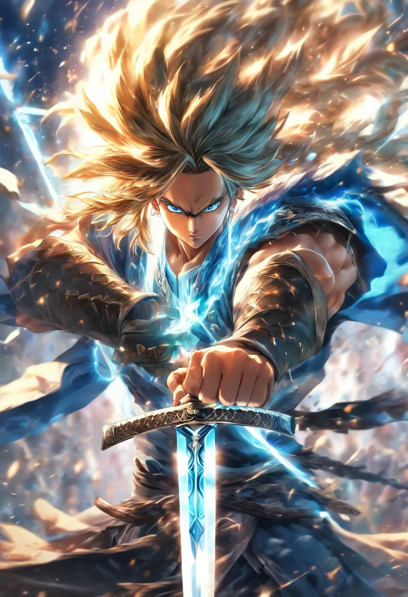 A young man with a sword in his hand and a sword in his hand - SeaArt AI