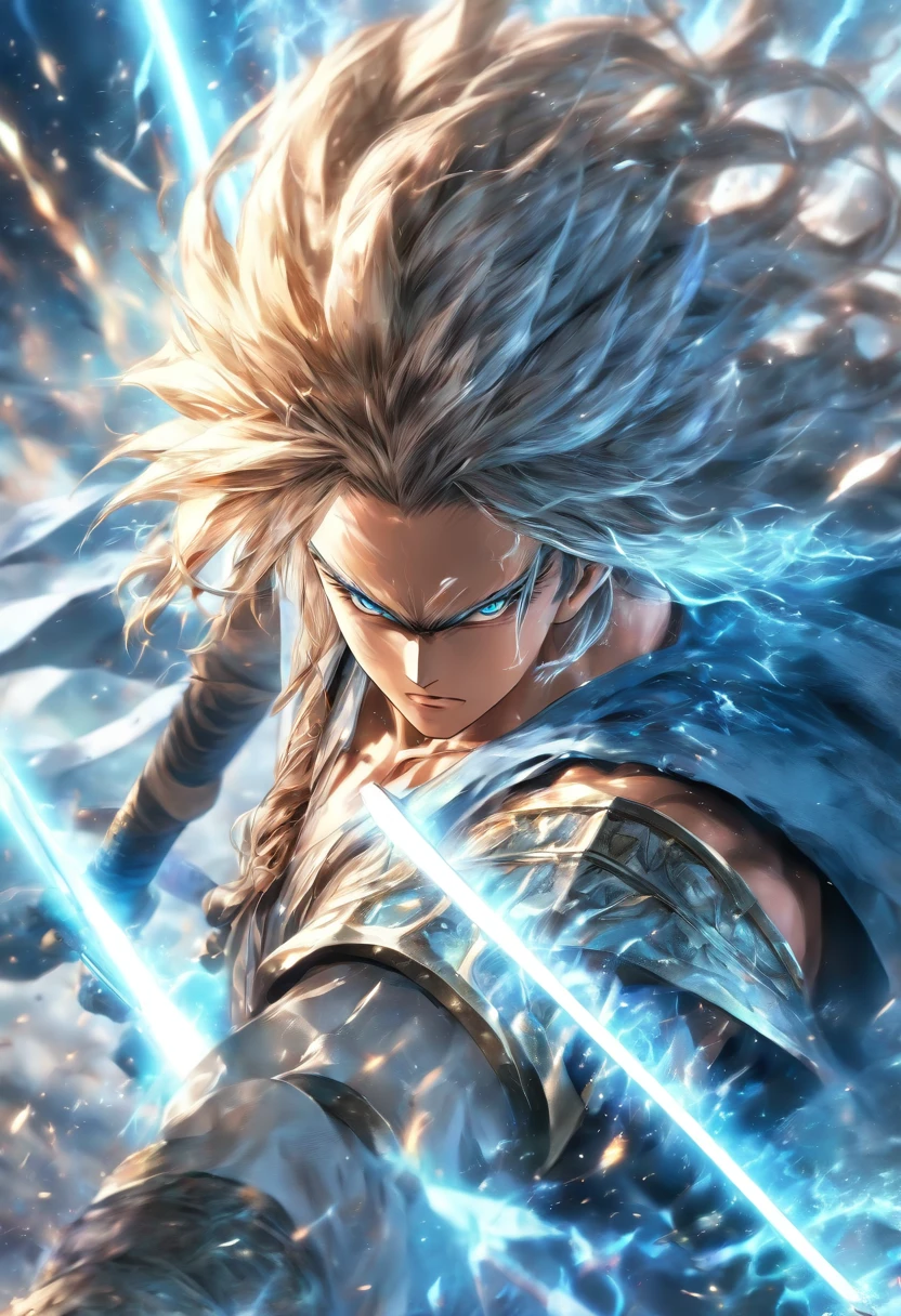 (best quality,4k,highres,masterpiece:1.2),ultra-detailed,(realistic,photorealistic,photo-realistic:1.37),swordsmanship,strong,drifting,long-haired,man,azure white,long sword,surrounded by sword energy