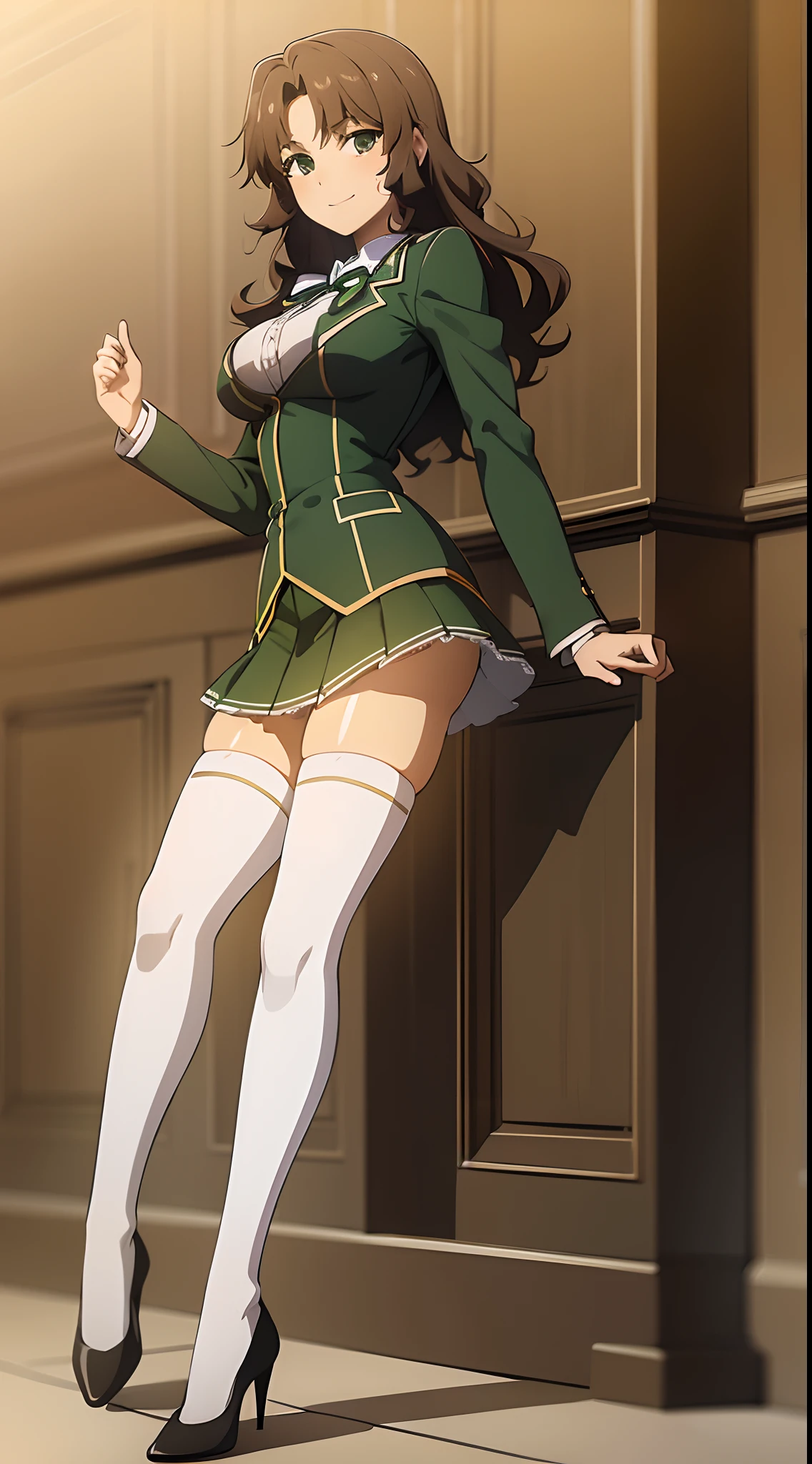 Masterpiece, high quality, 1girl, solo, brown hair, curly hair, hazel eyes, medium sized bust, (green school uniform, sexy school uniform, green blazer, lace section, ribbon, short skirt, white thigh-high socks, black high heels), smile, flat_color, full body