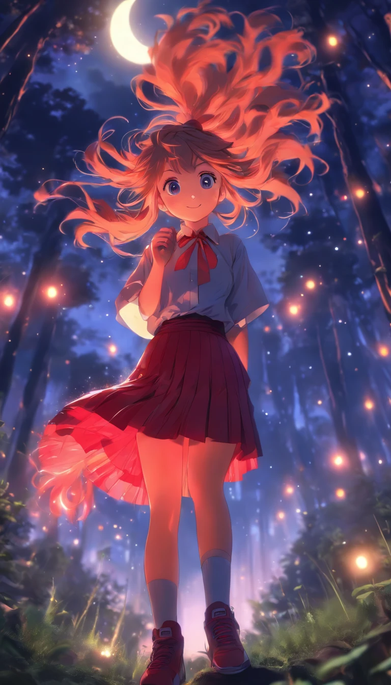 1girll, Solo，ssmile，White shirt, Red skirt, Socks, dual horsetail，Full body like，Beautiful outdoor background, night moon, forest，glowworm，The hair is meticulously depicted，The eyes are meticulously depicted， highly detailed surreal vfx，oc rendered，