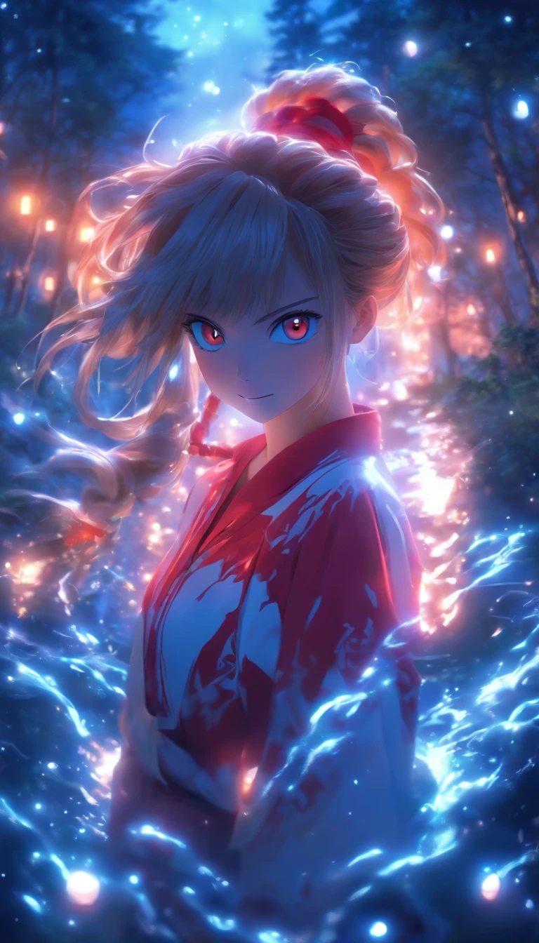 1girll, Solo,ssmile,White shirt, Red skirt, Socks, dual horsetail,Full body like,Beautiful outdoor background, night moon, forest,glowworm,The hair is meticulously depicted,The eyes are meticulously depicted, highly detailed surreal vfx,oc rendered,