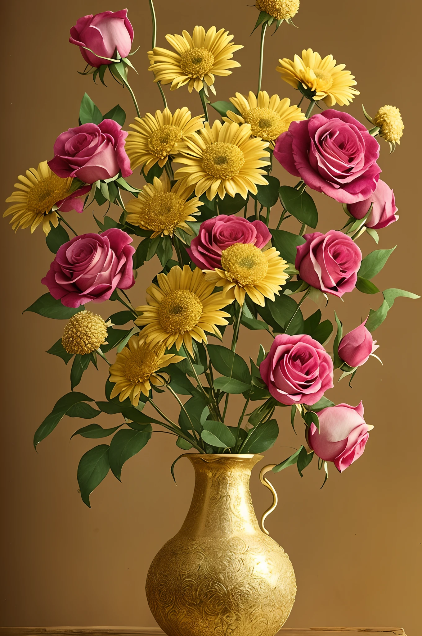 the bouquet washed of dried roses in a vase, in the style of surrealist still lifes, yellow and gold, baroque-inspired still lifes, cinestill 50d, textural minimalism, orientalist influences, layered fibers --auto --s2