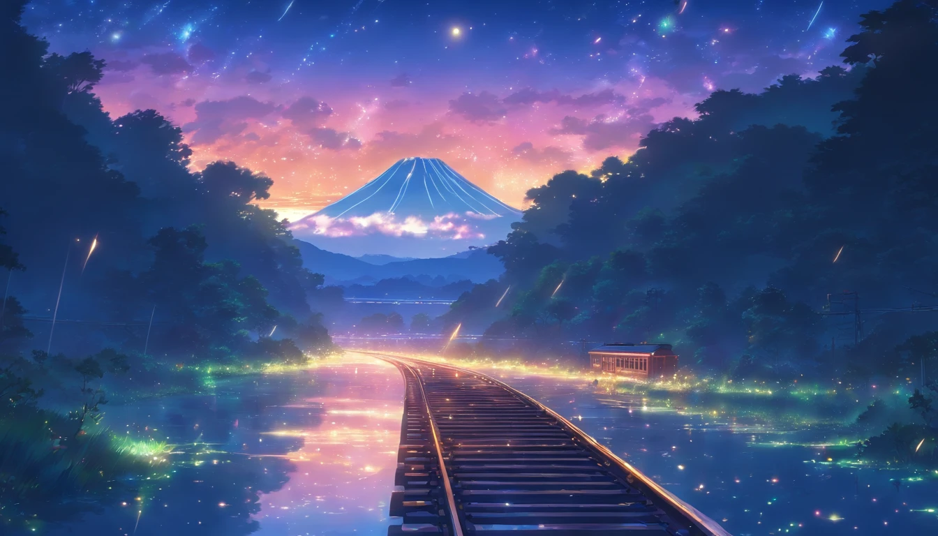 Masterpiece, Anime train passing through bodies of water on tracks, Bright starry sky. Romantic train, Makoto Shinkai's picture, Pisif, concept-art, Lofi art style, Reflection. By Makoto Shinkai, Lofi art, beautiful anime scenes, Anime landscape, Detailed scenery —width 672, in the style of makoto shinkai, Makoto Shinkai's style, Enhanced detail.