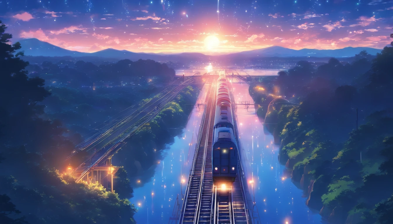 Masterpiece, Anime train passing through bodies of water on tracks, Bright starry sky. Romantic train, Makoto Shinkai's picture, Pisif, concept-art, Lofi art style, Reflection. By Makoto Shinkai, Lofi art, beautiful anime scenes, Anime landscape, Detailed scenery —width 672, in the style of makoto shinkai, Makoto Shinkai's style, Enhanced detail.