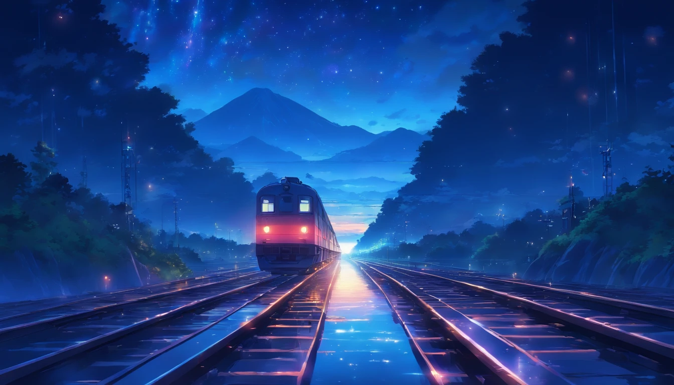 Masterpiece, Anime train passing through bodies of water on tracks, Bright starry sky. Romantic train, Makoto Shinkai's picture, Pisif, concept-art, Lofi art style, Reflection. By Makoto Shinkai, Lofi art, beautiful anime scenes, Anime landscape, Detailed scenery —width 672, in the style of makoto shinkai, Makoto Shinkai's style, Enhanced detail.