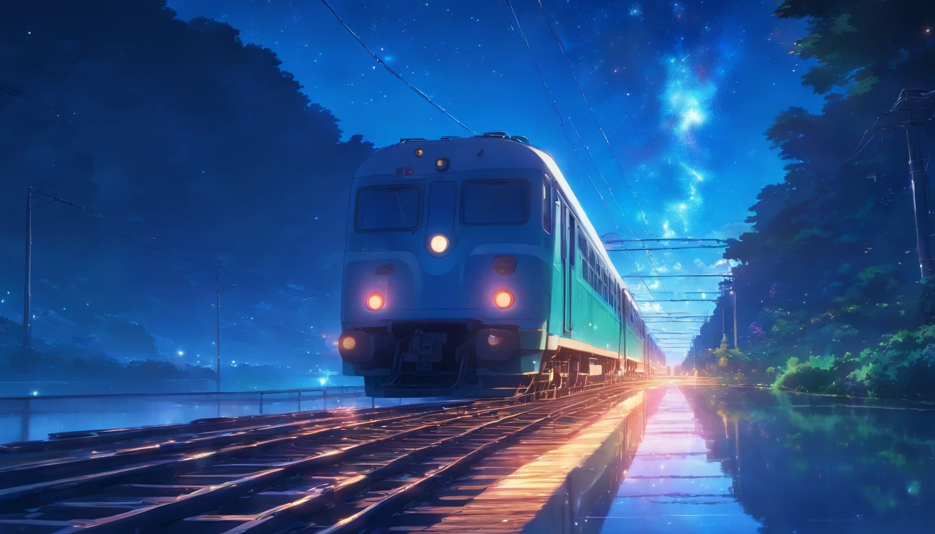 Masterpiece, Anime train passing through bodies of water on tracks, Bright starry sky. Romantic train, Makoto Shinkai's picture, Pisif, concept-art, Lofi art style, Reflection. By Makoto Shinkai, Lofi art, beautiful anime scenes, Anime landscape, Detailed scenery —width 672, in the style of makoto shinkai, Makoto Shinkai's style, Enhanced detail.