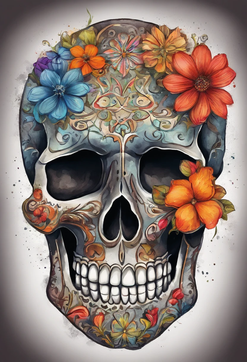 a close up of a skull with a flower on its head, (sugar skull), day of the dead, fantasy skull, scary detailed art in color, scary color art in 4 k, sacred skull, conjuring psychedelic background, detailed digital artwork, calavera, sacred skulls, psychedelic illustration, sugar skull, skull face, death skull, scary art in color, skull liminal void background, psychedelic art style