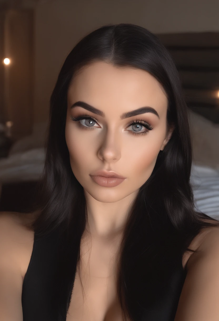 arafed woman with black sexy clothes, sexy girl with brown eyes, portrait sophie mudd, black hair and large eyes, selfie of a young woman, bedroom eyes, violet myers, without makeup, natural makeup, looking directly at the camera, face with artgram, subtle makeup, stunning full body shot, sexy in the club , cleavage