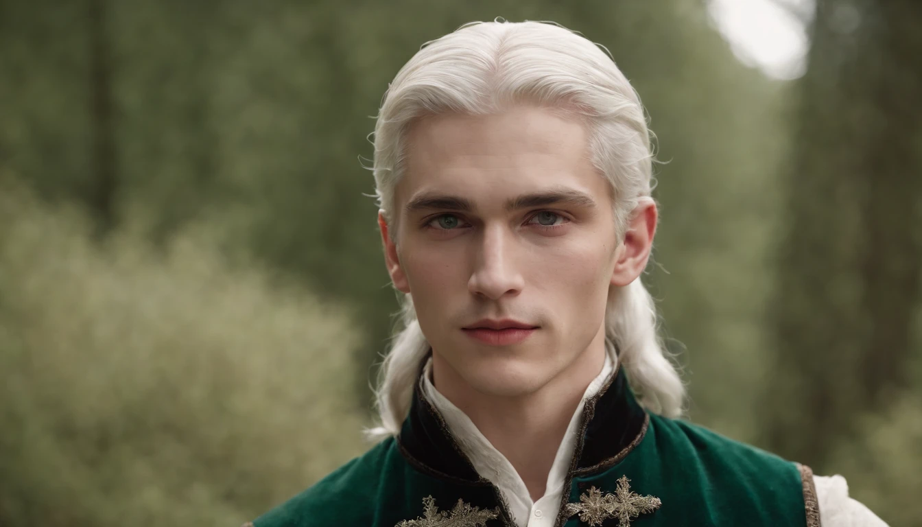 (((a deep reddish wound crosses his left cheek)) fair skin, male about 19 years old, natural white hair, distinctive green eyes, ultra-detailed face, slender and graceful, beautiful, in an Italian medieval setting, ultra-sharp focus, photo realistic, medieval men's clothing, tetrahedral colors (scar:1.4)