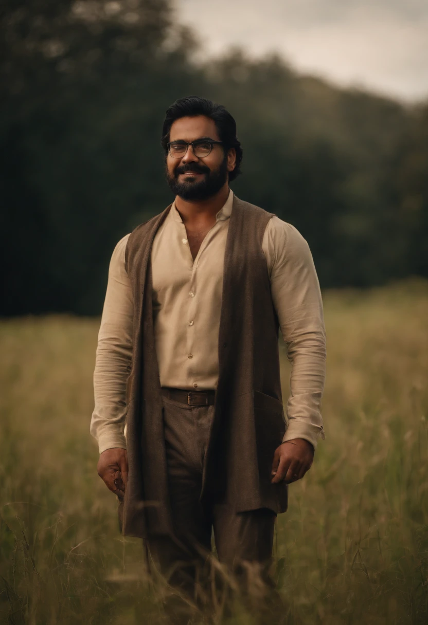 ((medium long shot photo)) of a handsome chubby dad pod body dark-haired Indian looking man, standing naked in a grassy field during the day ((exposing uncut )) smiling, well lit, long hair, glasses