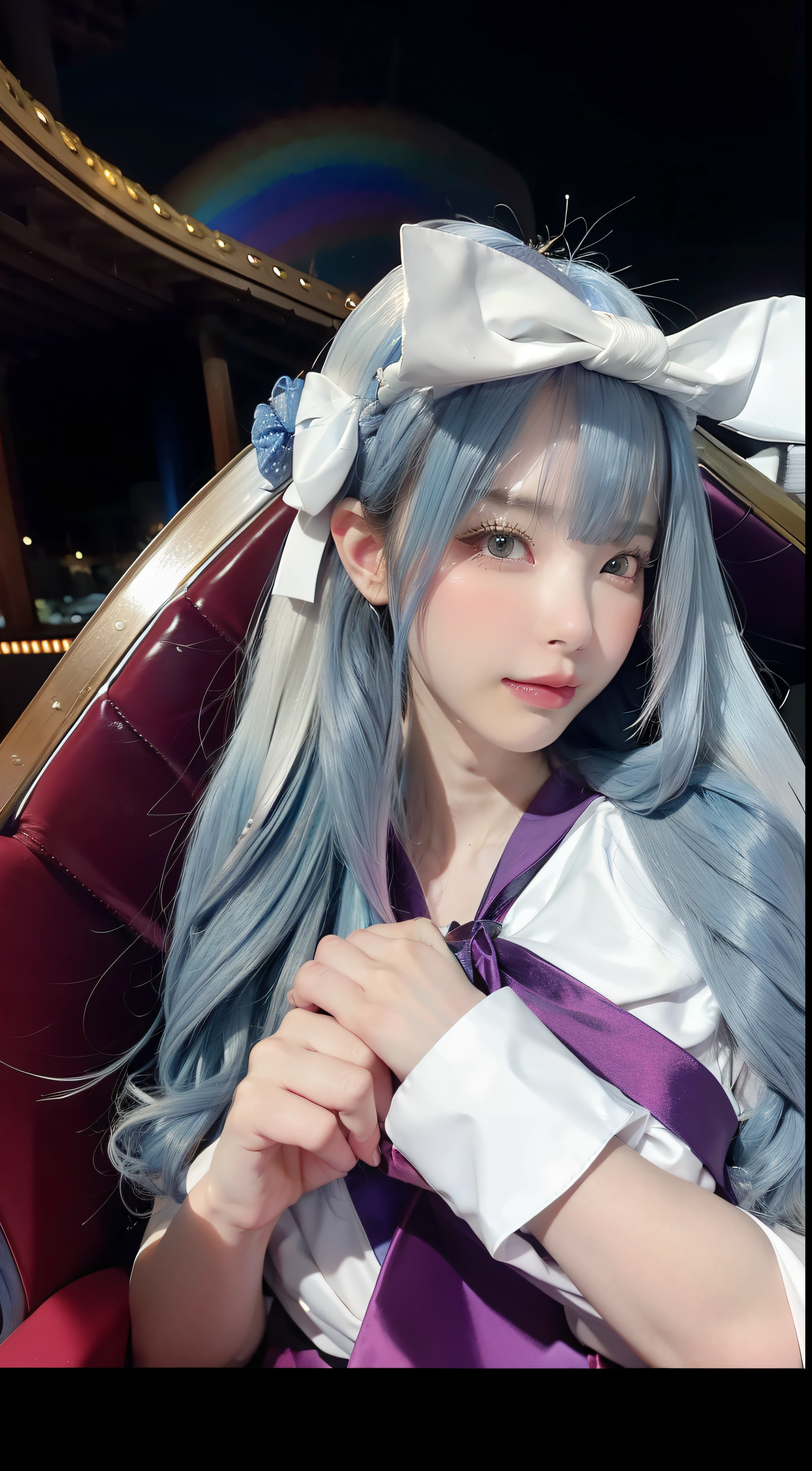 (8k, 4k, best quality, highres:1.2), (maasterpiece, realistic, photo realistic:1.37), 1girl, solo, beautiful face, eyelashes, nose, glossy lips, (detailed eyes, looking at viewer, fair skin, white skin:1.5), fine complexion, upper body, cowgirl
large breasts, busty, , (:1.5),
outdoor onsen,
two side up, absurdly long hair, blonde hair, blue violet gradient hair, bangs, hair ornament, bow,
younger, aged down,