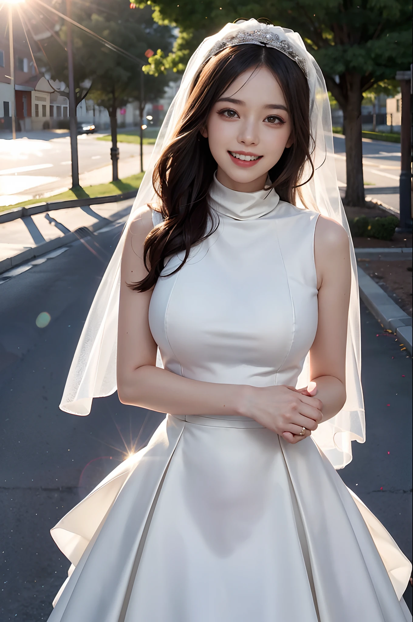 1 girl,, (huge laughter), sweet, sun glare, conservatively dressed, turtleneck wedding dress, bridal veil, bokeh, depth of field, blurred background, light particles, strong wind, head tilt,