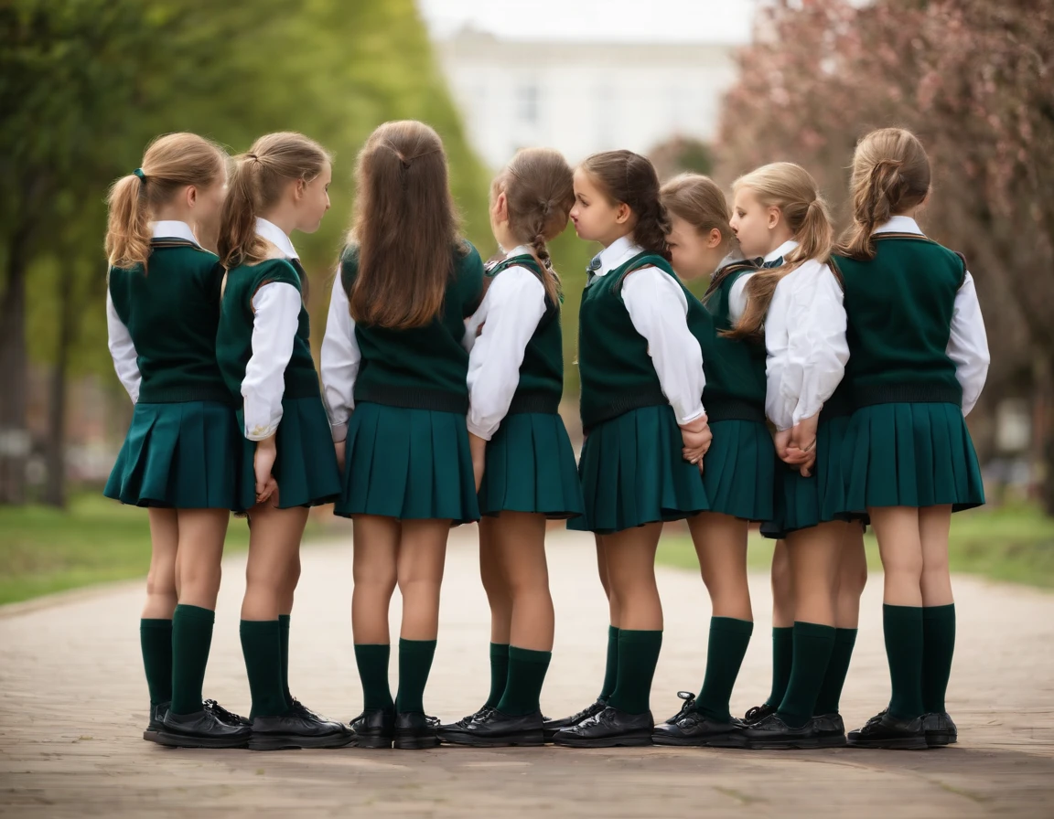 beautiful 10 year old blonde muscular bodybuilder children girl with big muscles wearing a cute long shirt, skirt, freckles, standing in classroom