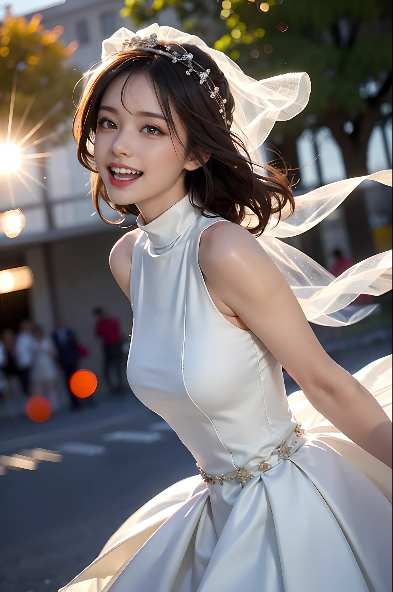 1 girl,, (huge laughter), sweet, sun glare, conservatively dressed, turtleneck wedding dress, bridal veil, bokeh, depth of field, blurred background, light particles, strong wind, head tilt,