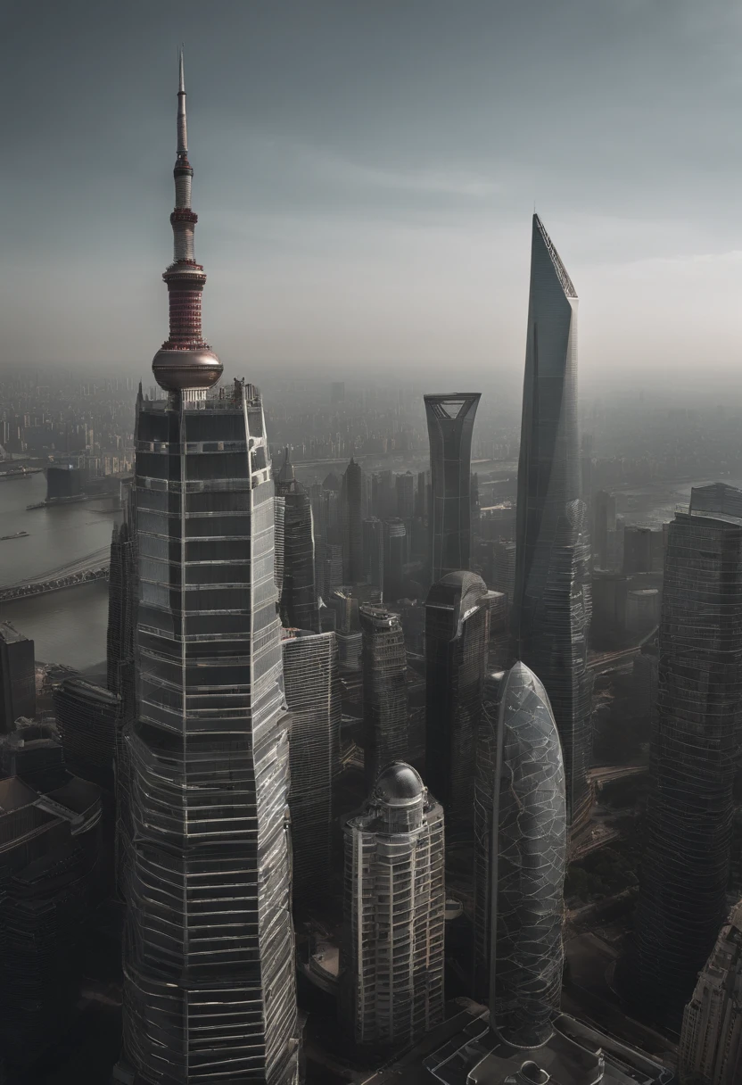 Draw a flat view of the Shanghai Tower,You can see the whole view of the building,The top of the building is about one-fifth of the height of the picture from the top of the picture,The sky is blue and white clouds,The time is morning。