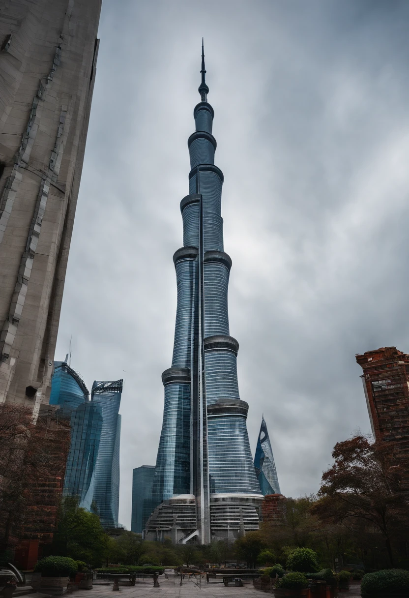 Draw a flat view of the Shanghai Tower,You can see the whole view of the building,The top of the building is about one-fifth of the height of the picture from the top of the picture,The sky is blue and white clouds,The time is morning。