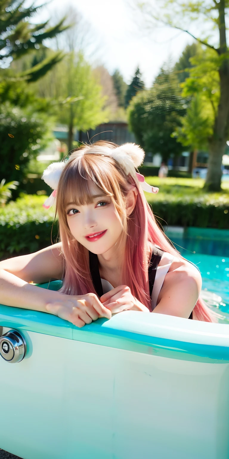 Masseter muscle area, Highest quality, Ultra-high resolution, Highest quality, Anime Style, Best lighting, Beautiful Face, Pink Hair, Cheerful girl, View your viewers, Portraiture, Pink horse tail, Laugh brightly, (Pool Background:1.2), Best lighting, The best smile, Face close-up, (One girl:1.3), (Cute pink ruffled swimsuit:1.4), Attach the headband