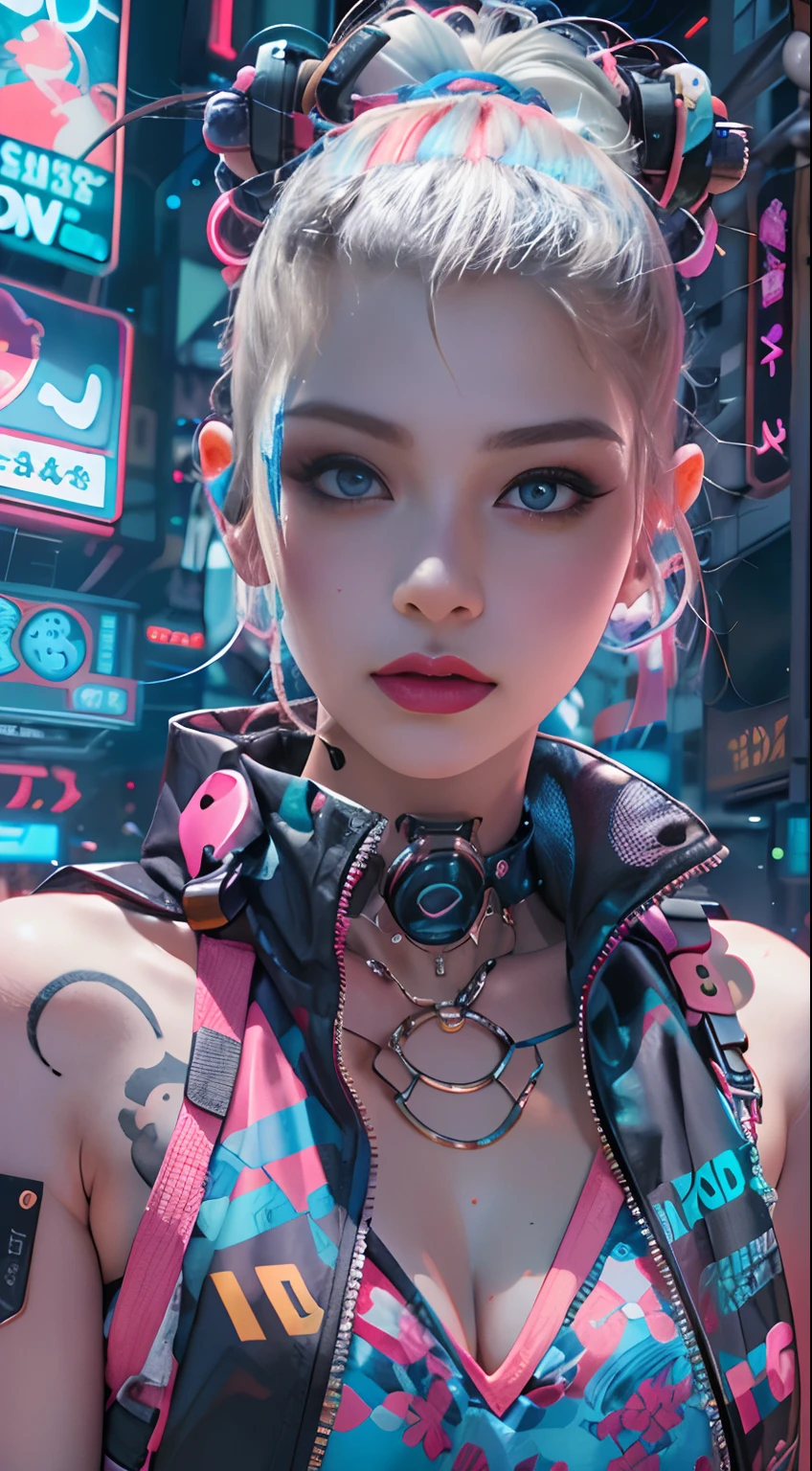masterpiece, best quality, 2 confident cyberpunk girls, Harajuku-inspired cyberpunk outfit, bold colors and patterns, eye-catching accessories, trendy and innovative hairstyle, vibrant makeup, Cyberpunk dazzling cityscape, skyscrapers, neon signs, LED lights, bright and vivid color scheme, anime, illustration, detailed skin texture, detailed cloth texture, beautiful detailed face, intricate details, ultra detailed.