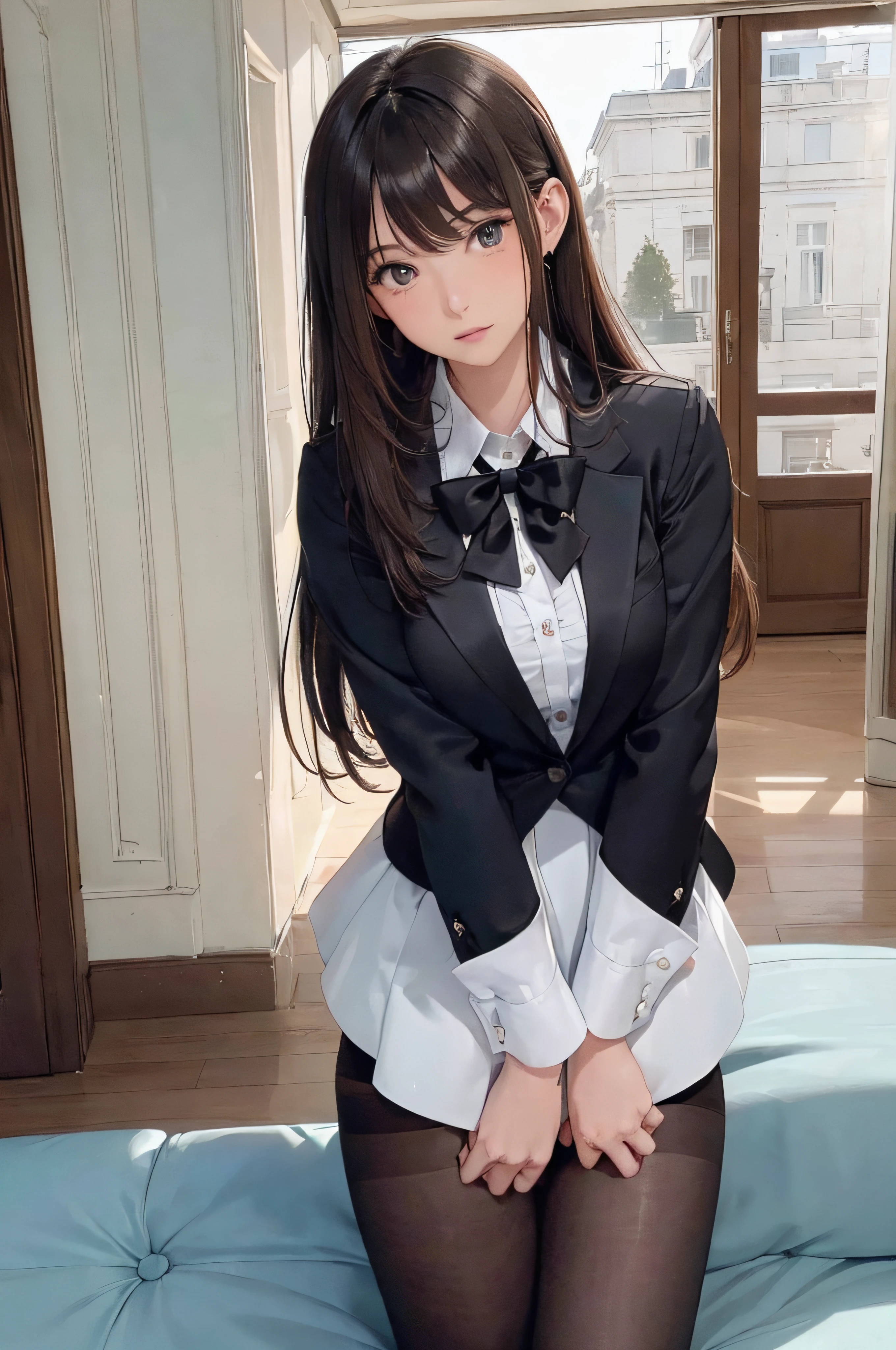 (1girl 24 years old:1.3), (photorealistic:1.4), (masterpiece, top quality, best quality, official art), extreme detailed, highest detailed, (ultra-detailed), ((an extremely delicate and beautiful)), cinematic light, (realisticlying:1.3), (highdetailskin:1.2), high resolution, 8K UHD, 4K, 8K, Bokeh, digital SLR camera, absurderes, Optimal proportions of four fingers and one thumb,
((silky long hair)), (brown hair), beautiful face, perfect face, highly detailed beautiful face,
Cute, shy,faint smile,embarrassing,
hotel reception, midnight,
dynamic angle, from above,
((Wearing a black formal blazer)), ((white blouse with collar)), cleavage, skirt, lacepantyhose, blue underwear,
open legs a little,