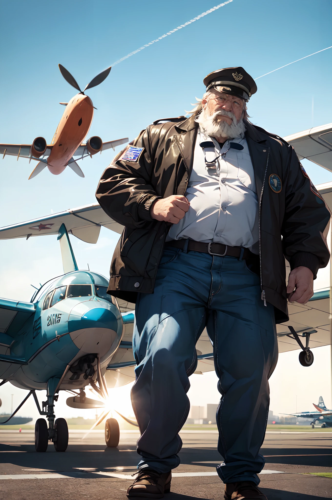(best quality,4k,8k,highres,masterpiece:1.2),ultra-detailed,(realistic,photorealistic,photo-realistic:1.37),huge muscular old man as pilot,oil painting,weathered face,strong and intense gaze,long white beard and eyebrows,wrinkles and age spots,firm jawline and high cheekbones,grizzled hair,rough hands and strong arms,wearing a vintage leather pilot jacket and a pilot's cap with goggles,standing tall and proud in front of a vintage airplane,propellers spinning,flying goggles reflecting the sunlight,clear blue skies and fluffy clouds,shiny metal surface of the airplane,with intricate details and rivets,contrasting with the worn-out leather,sunlight casting shadows on the pilot's face and shoulders,feeling the wind in his hair and the excitement of flight,ensuring every instrument is in perfect working order,ready to take off on another thrilling adventure,faint smell of oil and fuel in the air,glimpse of other pilots and crew bustling in the background,readying their own planes for takeoff,dramatic lighting accentuating the pilot's strong features and the vintage airplane's elegance,creating a timeless and nostalgic atmosphere,bringing the powerful spirit of aviation to life.