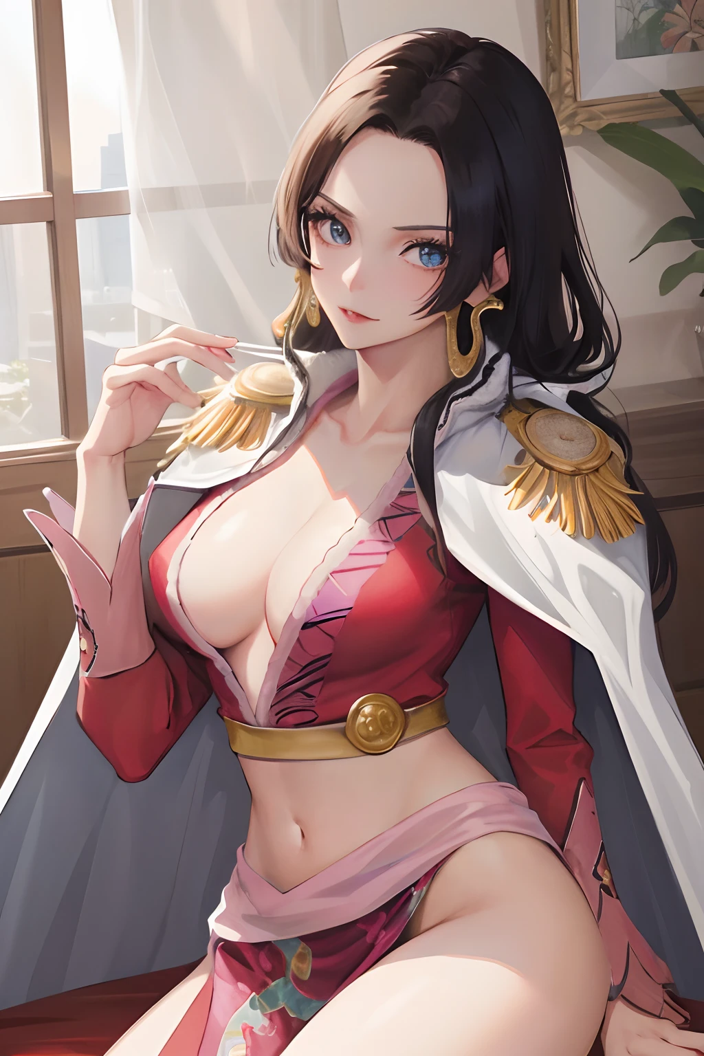 masterpiece, best quality, highres, hancock1, boa hancock, large breasts, epaulettes, cape, crop top, side slit, cowboy shot, sitting,