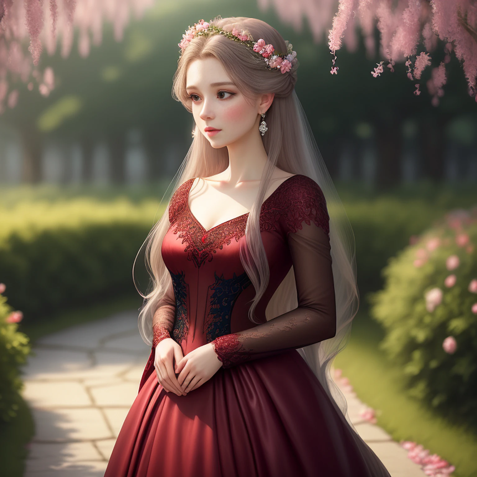 ultra-realistic painting, masterful level, better quality, better HD, finer details), an extremely delicate and beautiful woman, ethereal and poetic, elegant posture, luxurious clothes, (red dress/2.4) | (black outfit), [(blue:1.3)|(pink) long, graceful, flowing hair, delicate and intricate hair accessories, bright and seductive eyes, (small nose) and cherry lips, pearl earrings),] [sky misty, ever-changing colors, indistinct and hazy, blurry and intriguing, flowers blooming, green leaves rustling, soft focus, romantic atmosphere], (path to dreamland