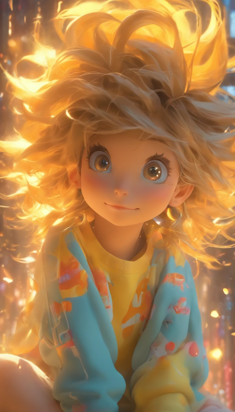 Hyper-realistic，Ultra photo realsisim，super-fine，Genki girl，Full body like，adolable，duck sitting，ssmile，short detailed hair，Qi bangs，sweatshirts，denim pant，athletic sneakers，rays of sunshine，The hair is meticulously depicted，The eyes are meticulously depicted， highly detailed surreal vfx，oc rendered，