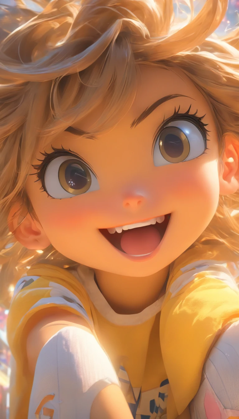 Hyper-realistic,Ultra photo realsisim,super-fine,Genki girl,Full body like,adolable,duck sitting,ssmile,short detailed hair,Qi bangs,sweatshirts,denim pant,athletic sneakers,rays of sunshine,The hair is meticulously depicted,The eyes are meticulously depicted, highly detailed surreal vfx,oc rendered,