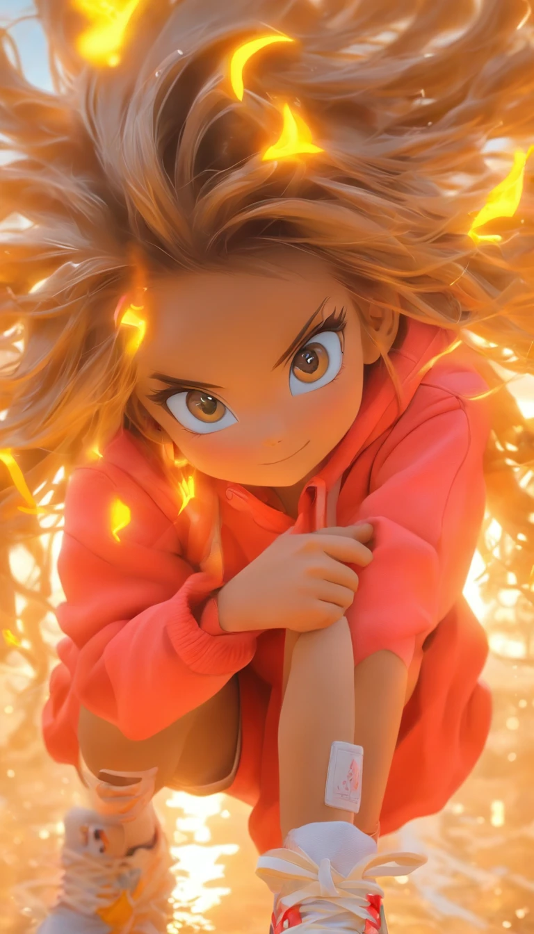 Real Photographics,Hyper-realistic,Ultra photo realsisim,super-fine,Genki girl,adolable,Close your eyes,ssmile,long whitr hair,Qi bangs,denim pant,athletic sneakers,rays of sunshine,The hair is meticulously depicted,The eyes are meticulously depicted, highly detailed surreal vfx,oc rendered,