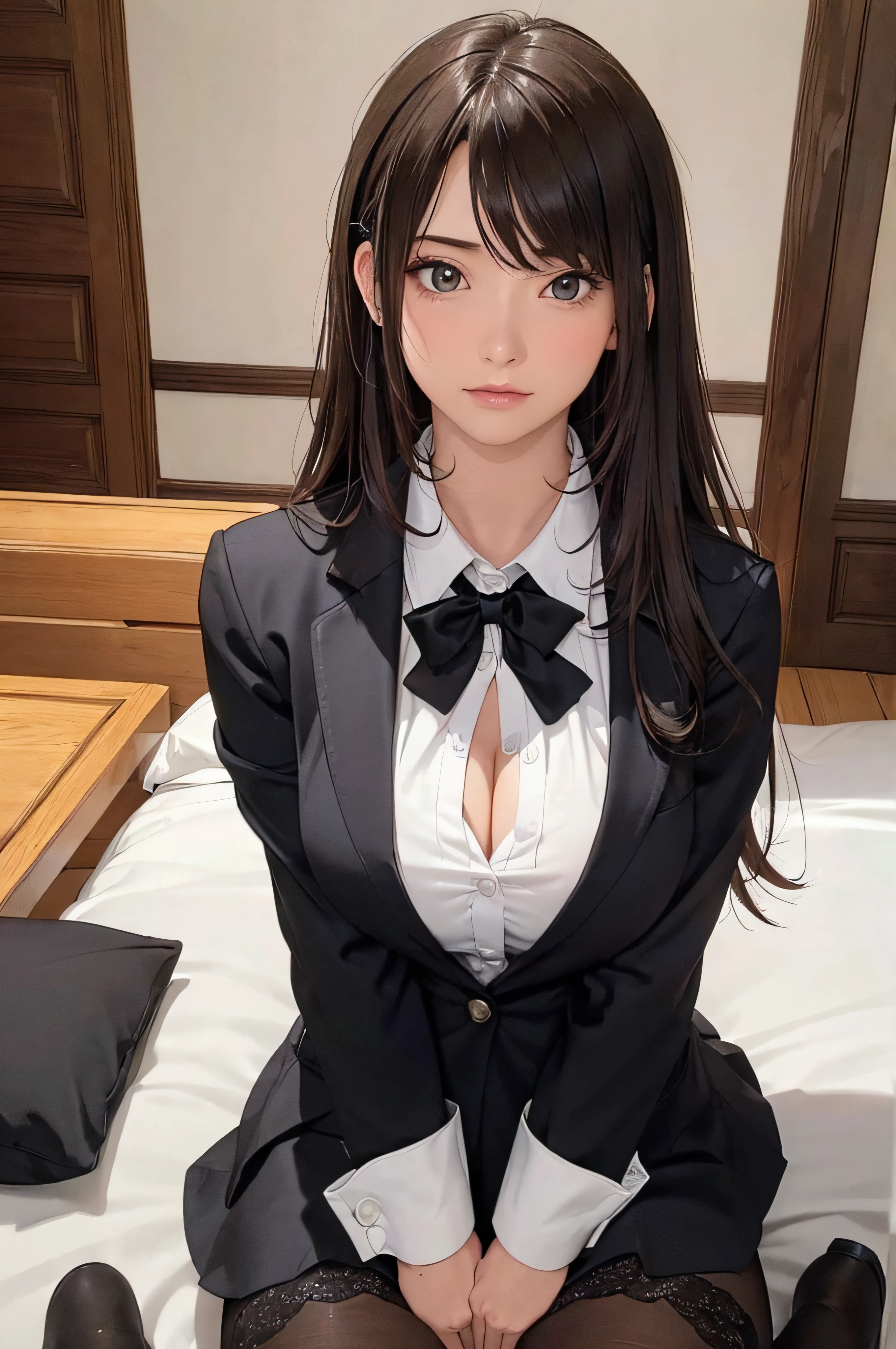 (1girl 24 years old:1.3), (photorealistic:1.4), (masterpiece, top quality, best quality, official art), extreme detailed, highest detailed, (ultra-detailed), ((an extremely delicate and beautiful)), cinematic light, (realisticlying:1.3), (highdetailskin:1.2), high resolution, 8K UHD, 4K, 8K, Bokeh, digital SLR camera, absurderes, Optimal proportions of four fingers and one thumb, 
((silky long hair)), (brown hair), beautiful face, perfect face, highly detailed beautiful face, 
Cute, shy,faint smile,embarrassing,
hotel reception, midnight,
dynamic angle, from above, 
((Wearing a black formal blazer)), ((white blouse with collar)), cleavage, skirt, lacepantyhose, blue underwear,
open legs a little, kneel down,