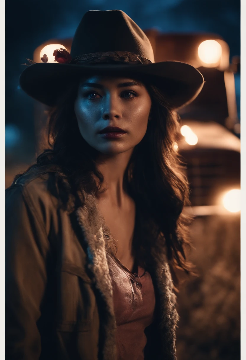(Masterpiece), (Best quality), (Ultra-detailed), Sakura zombies, 1girll, zombie, Blue skin, Cowboy shot, Outdoors, (trucks:1.3), Night