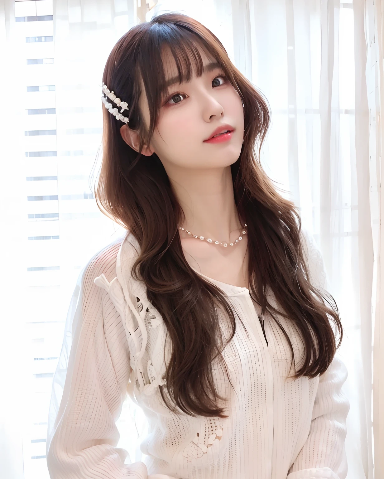Beautiful young Korean woman Kim Tae-hee face in white shirt jewelry necklace
