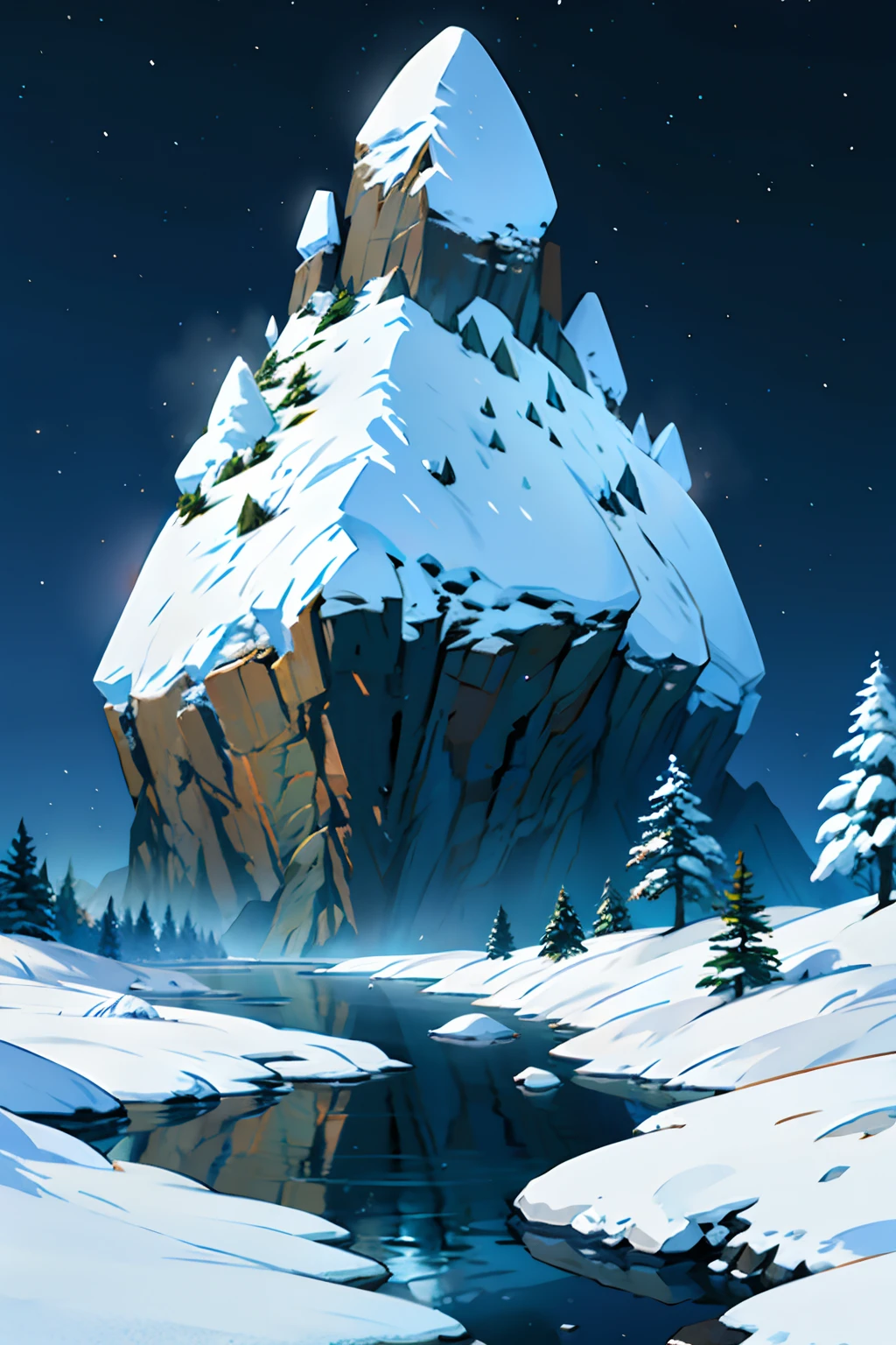 A painting of a big rock in the snow, winter eerie night time light, dark sky.