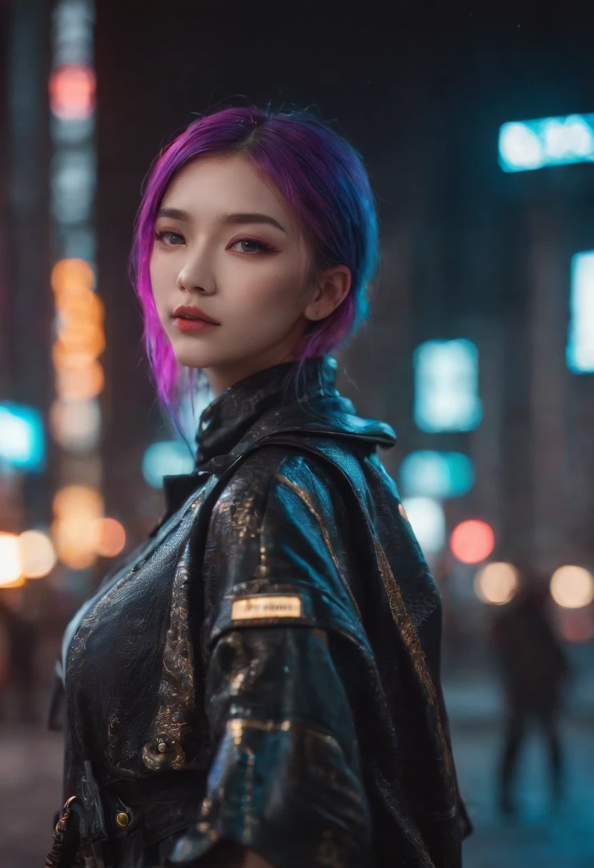 masterpiece, best quality, 2 confident cyberpunk girls, Harajuku-inspired cyberpunk outfit, bold colors and patterns, eye-catching accessories, trendy and innovative hairstyle, vibrant makeup, Cyberpunk dazzling cityscape, skyscrapers, neon signs, LED lights, bright and vivid color scheme, anime, illustration, detailed skin texture, detailed cloth texture, beautiful detailed face, intricate details, ultra detailed.