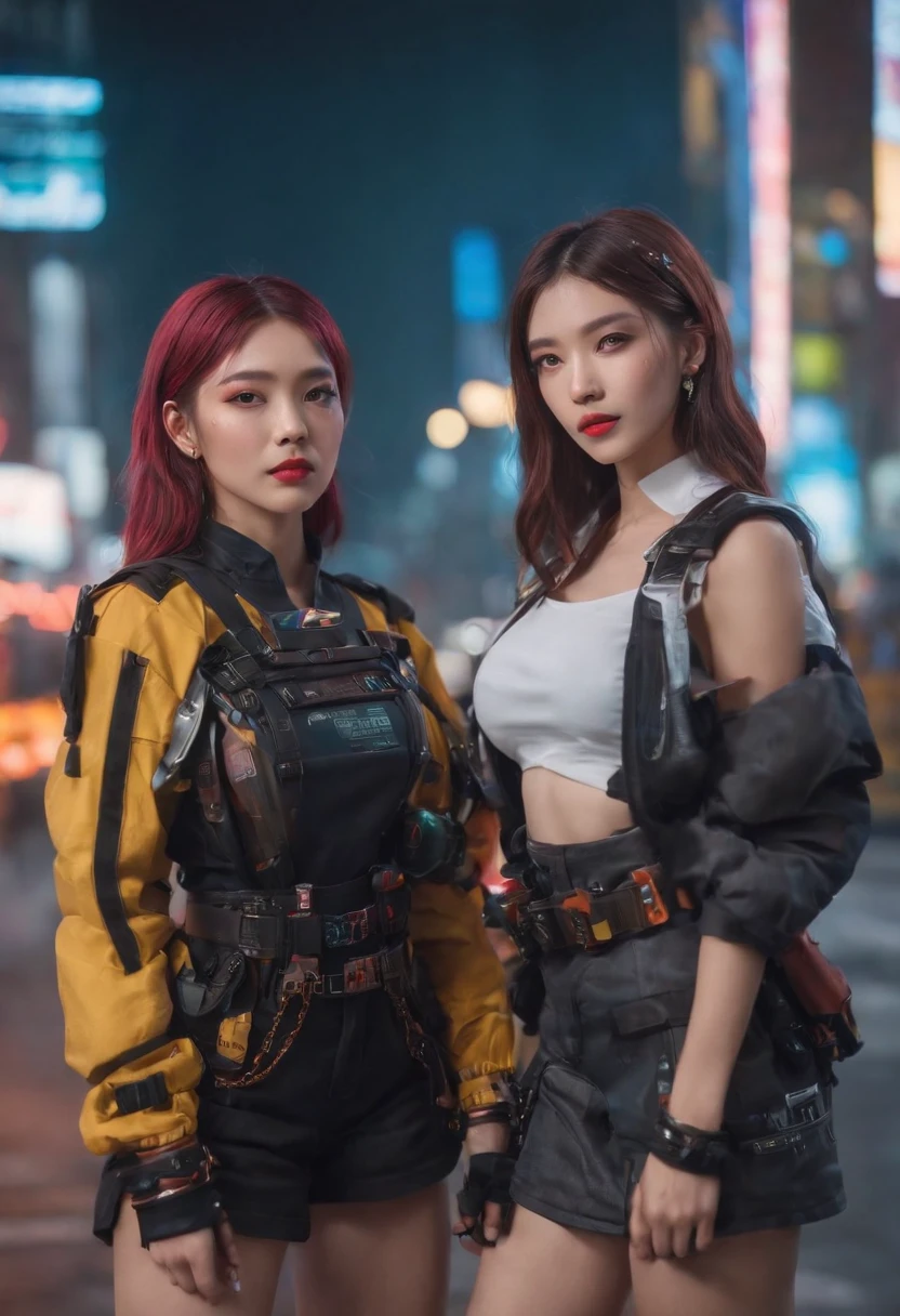 masterpiece, best quality, 2 confident cyberpunk girls, Harajuku-inspired cyberpunk outfit, bold colors and patterns, eye-catching accessories, trendy and innovative hairstyle, vibrant makeup, Cyberpunk dazzling cityscape, skyscrapers, neon signs, LED lights, bright and vivid color scheme, anime, illustration, detailed skin texture, detailed cloth texture, beautiful detailed face, intricate details, ultra detailed.