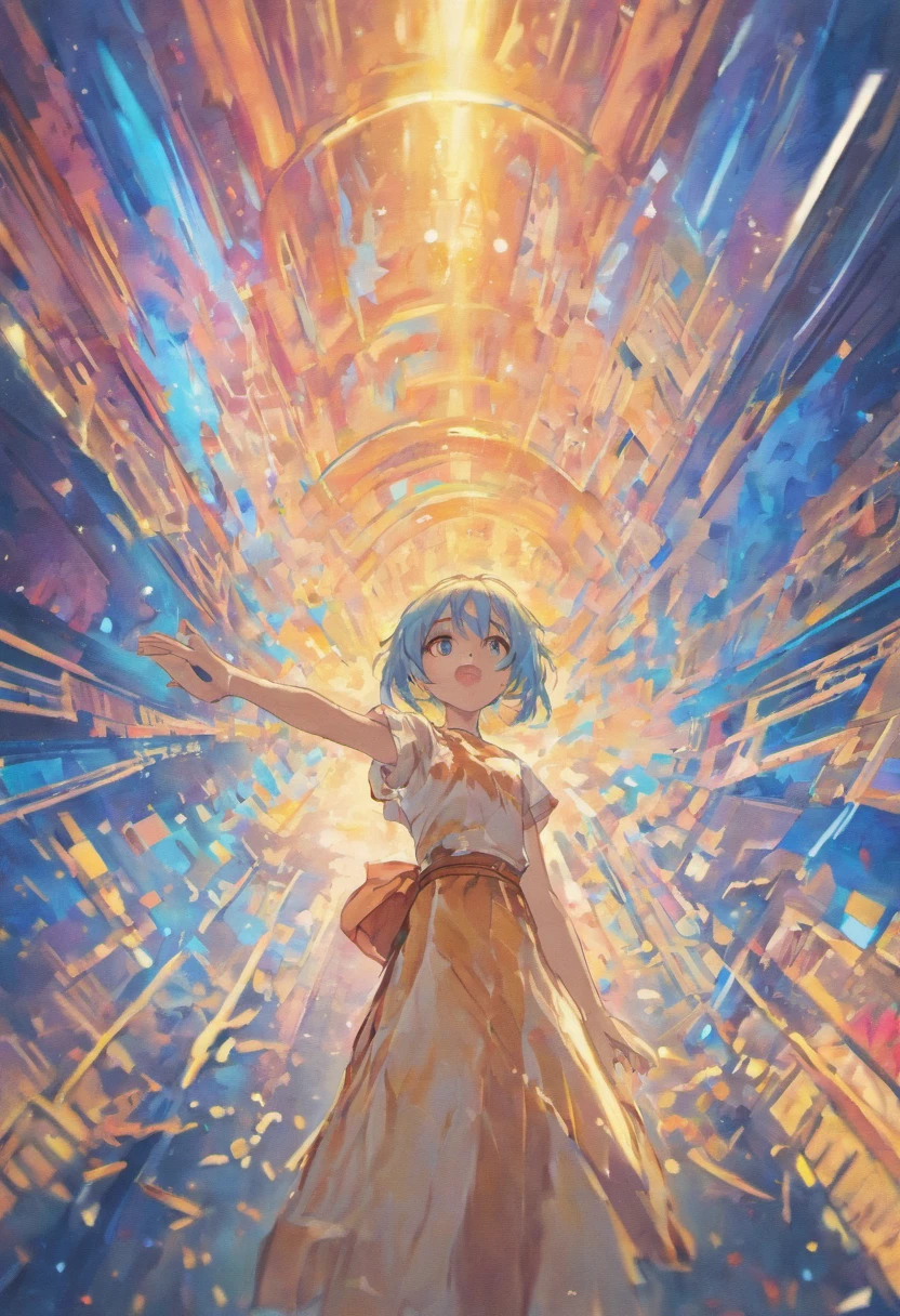 (Cinematic Digital Artwork: 1.3), High Quality, Masterpiece, Top Quality, Super Detail, Illustration, [4K Digital Art]!!、 Kyoto Animation Style, One Woman, Clavicle Beauty, Clavicle, Light, Hope, Blue Sky, Positive, Challenge, Motivation, Brilliance, Dynamic Perspective