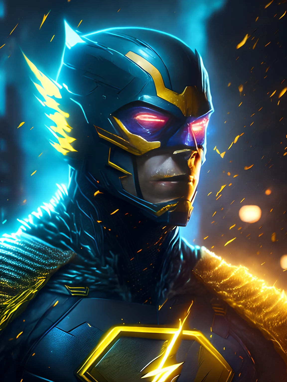 gloomy portrait of Flash Yellow Lantern from DC, extremely detailed, futuristic cityscape, nighttime, glowing neon lights, smoke, sparks, metal shavings, flying debris, blue energy effects, volumetric light