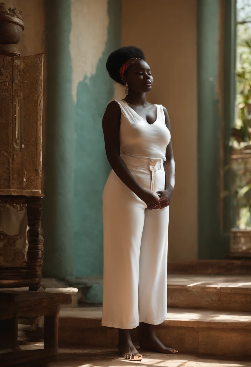 A skinny girl with black skin，A plump girl with white skin，Short sleeved trousers，Stand on the scale and cry