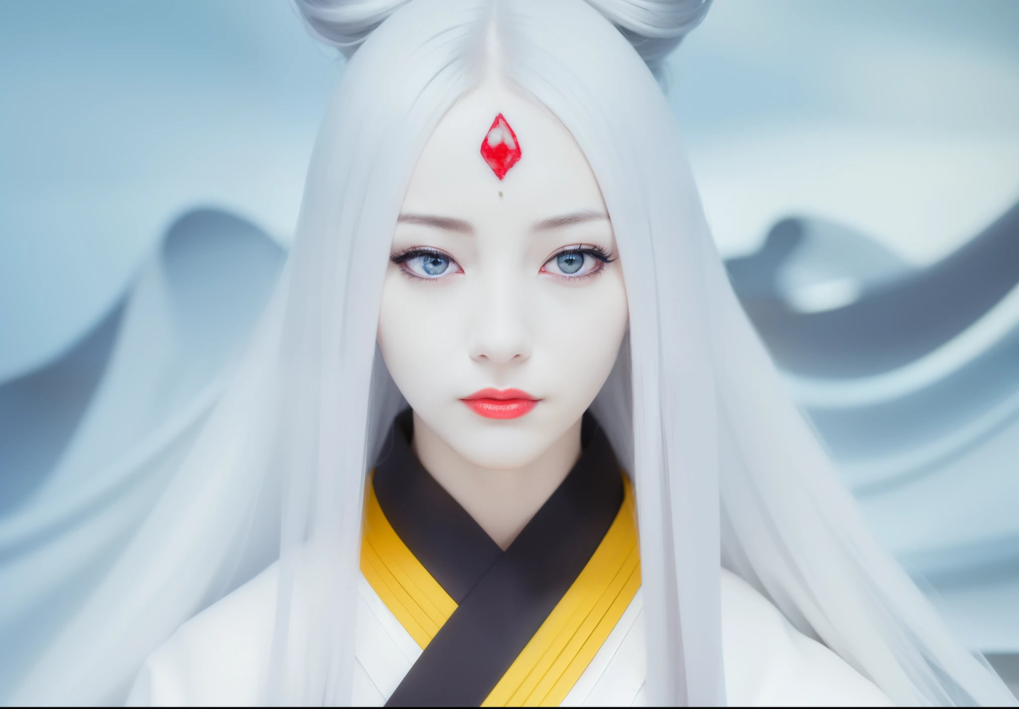 (8k, RAW photos, top quality, masterpiece: 1.2), (realistic, photorealistic: 1.37), (High Quality), (Ultra realistic), (High Details), (Face detail), (Shadow Detail), 1 girl, solo, white hair, white skin, light white eyes, red lips, white shirt, kaguya otsutsuki, red eyes on forehead