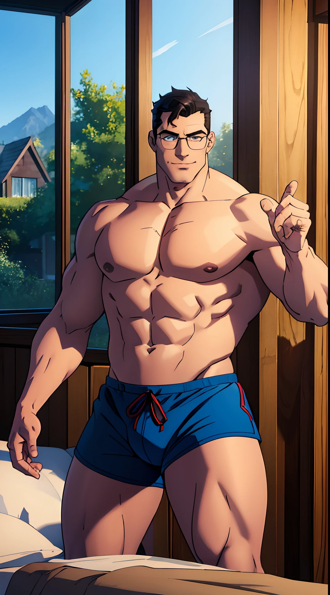 1 man, solo, Clark Kent , muscular male, tall, daddy, macho, large pecs, broad shoulder, male focus, middle-aged man, glasses, black hair, short hair, a strand of hair on forehead, blue eyes, smiling cutely, face focus, shirtless, blue shorts, upper body shot, countryside, indoors, bedroom, wooden house, ((masterpiece))